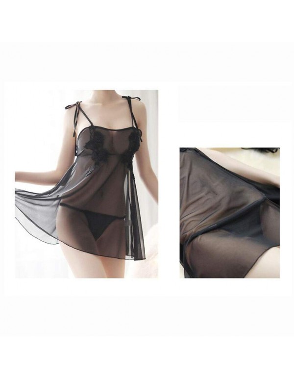 FLHAINVER Sexy Lingerie, Sexy, Casual, Thin Tulle, Small Chest Embroidered Strap, Pajamas, Passionate Suit, Three-Point Perspective (Color : Black, Size : One Size)