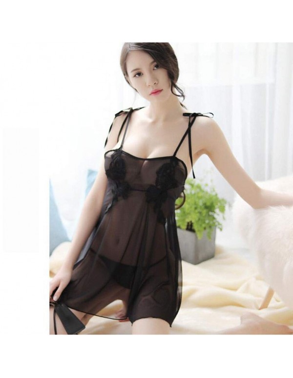FLHAINVER Sexy Lingerie, Sexy, Casual, Thin Tulle, Small Chest Embroidered Strap, Pajamas, Passionate Suit, Three-Point Perspective (Color : Black, Size : One Size)