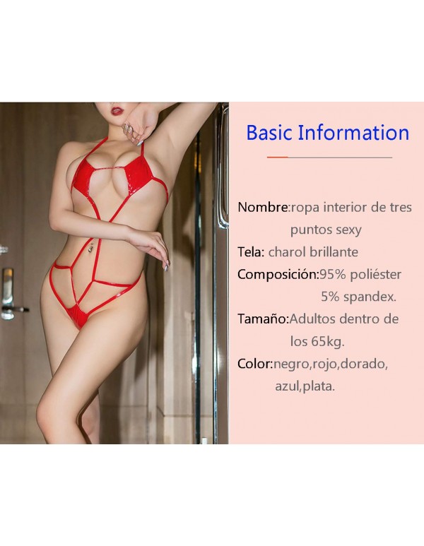 NanNan Women Wet Look Lingerie for Ladies Nightwear Patent Leather Erotic Perspective Splice Three-Point Bikini Suit Sexy Lingerie red