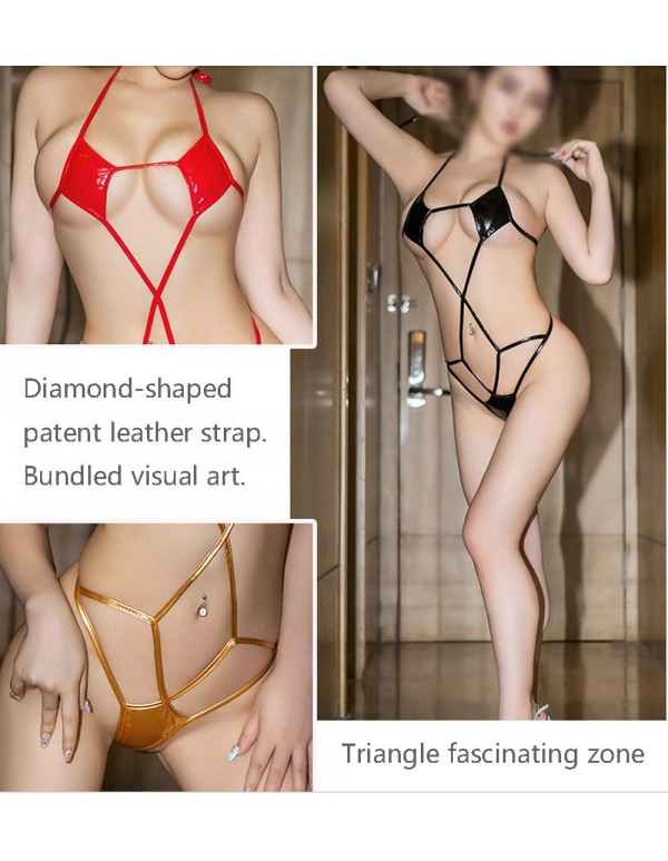 NanNan Women Wet Look Lingerie for Ladies Nightwear Patent Leather Erotic Perspective Splice Three-Point Bikini Suit Sexy Lingerie red