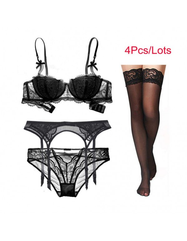 Women Push Up Bras Set Lace Lingerie Bra Panties Garter Stocking 4pcs/lot