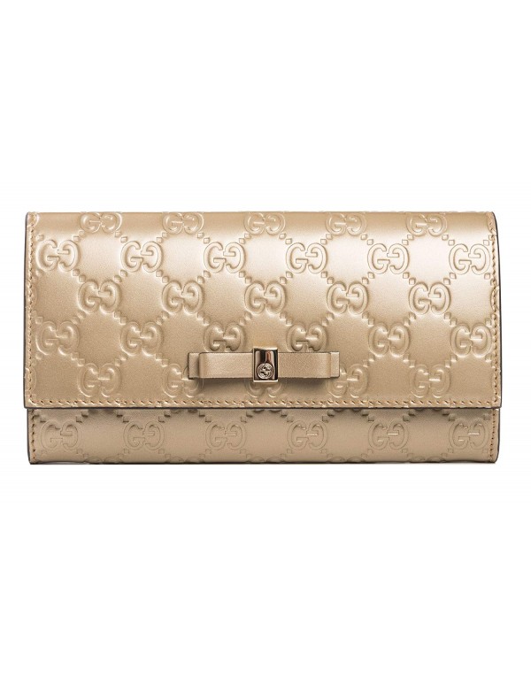 Gucci GG Platinum Gold Guccisima Wallet Leather Bowie Bow New Italy Box