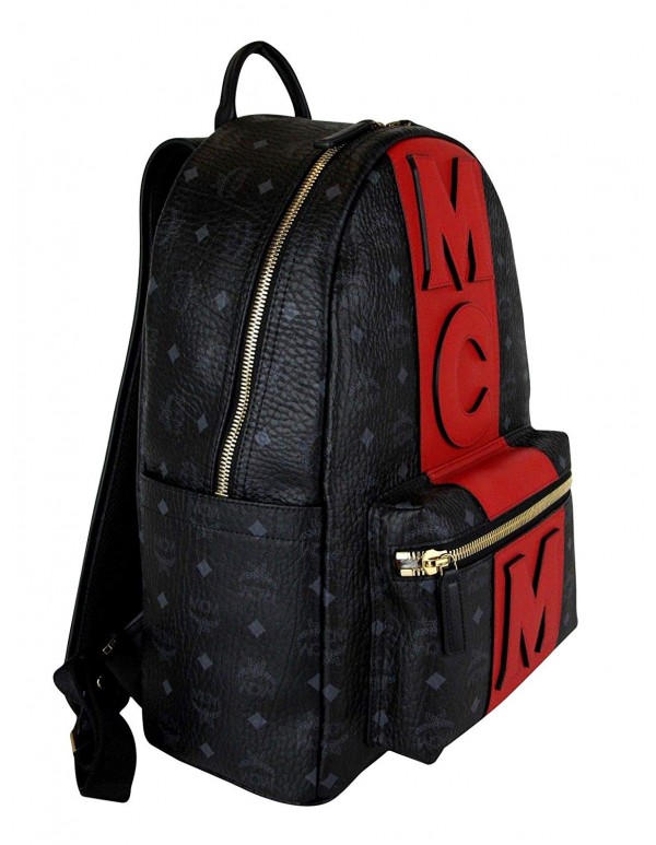 MCM Unisex Black/Red Canvas Coated Medium Backpack With Logo MMK8AVE31BK001