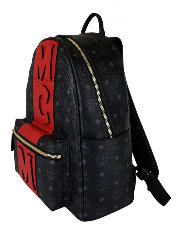 MCM Unisex Black/Red Canvas Coated Medium Backpack With Logo MMK8AVE31BK001