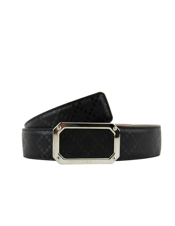 Gucci Men's Rectangular Black Diamante Leather Belt With Silver Buckle 162946 1000