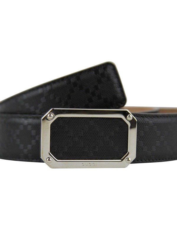 Gucci Men's Rectangular Black Diamante Leather Belt With Silver Buckle 162946 1000