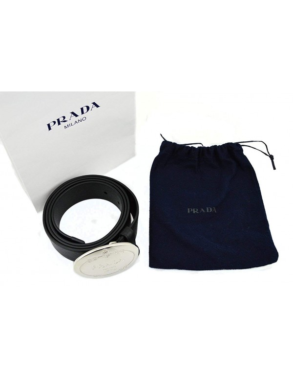 Prada Black Saffiano Leather Belt with Silver Prada Belt Buckle 2CM046 Size 100/40